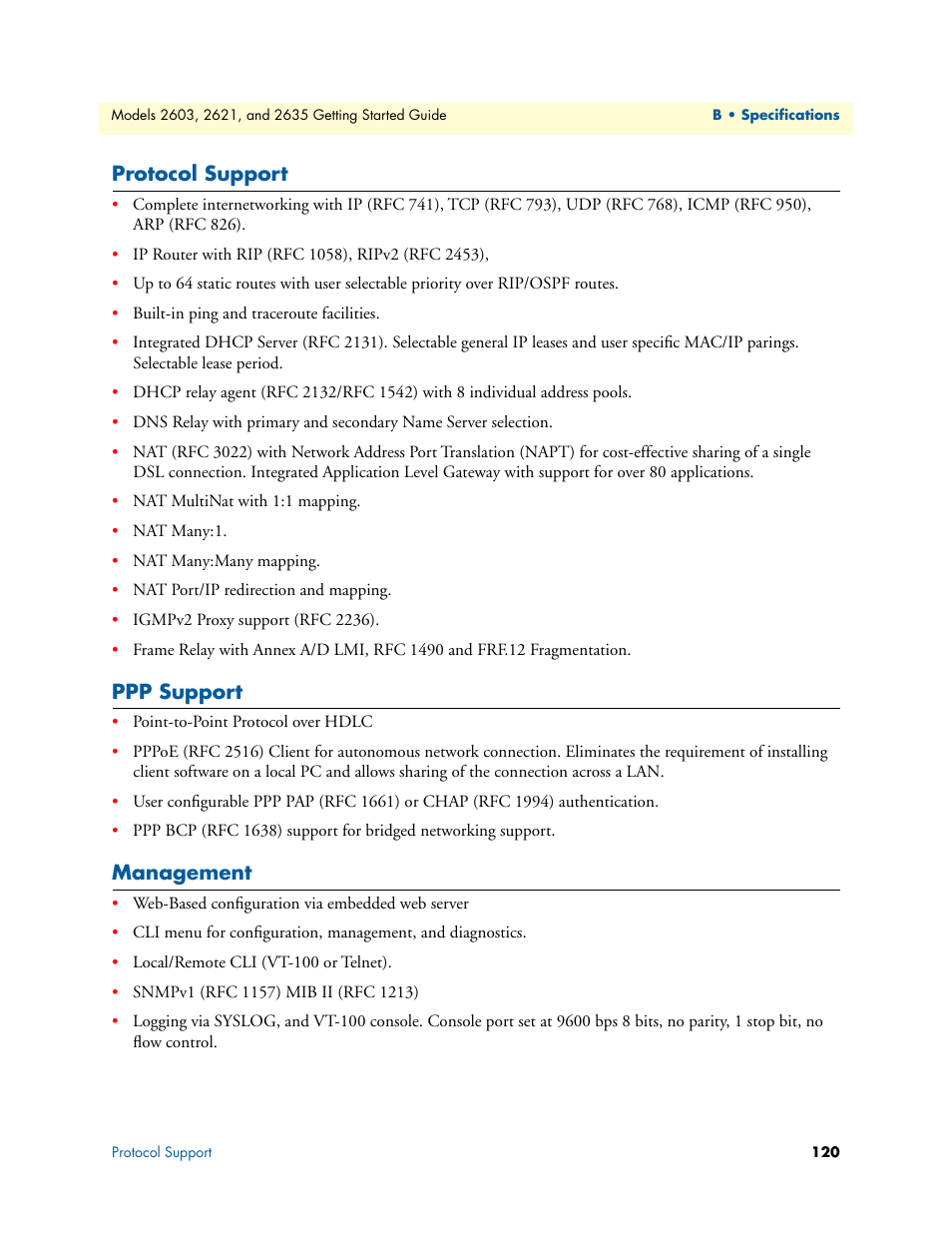 Protocol support, Ppp support, Management | Protocol support ppp support management | Patton electronic PATTON 2603 User Manual | Page 120 / 133