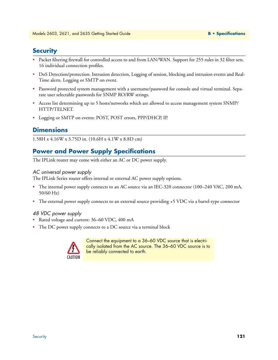 Security, Dimensions, Power and power supply specifications | Ac universal power supply, 48 vdc power supply, Ac universal power supply 48 vdc power supply | Patton electronic PATTON 2603 User Manual | Page 121 / 133