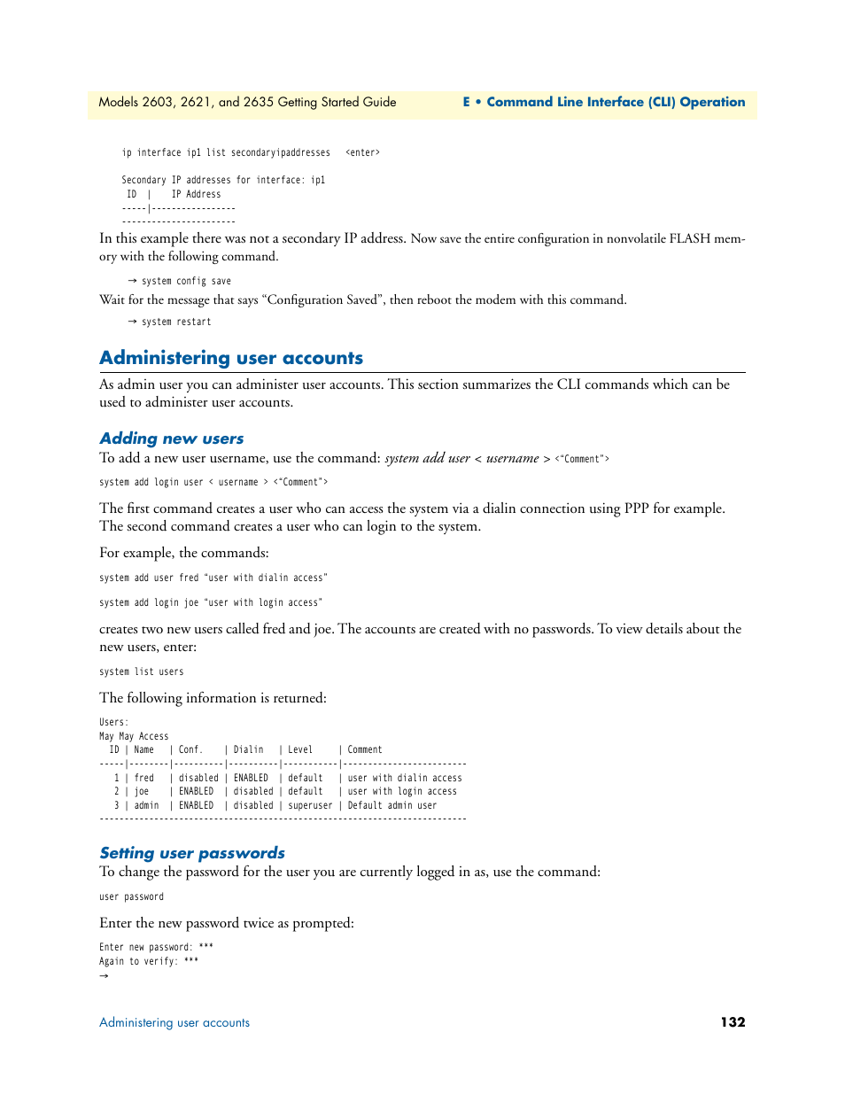 Administering user accounts, Adding new users, Setting user passwords | Adding new users setting user passwords | Patton electronic PATTON 2603 User Manual | Page 132 / 133