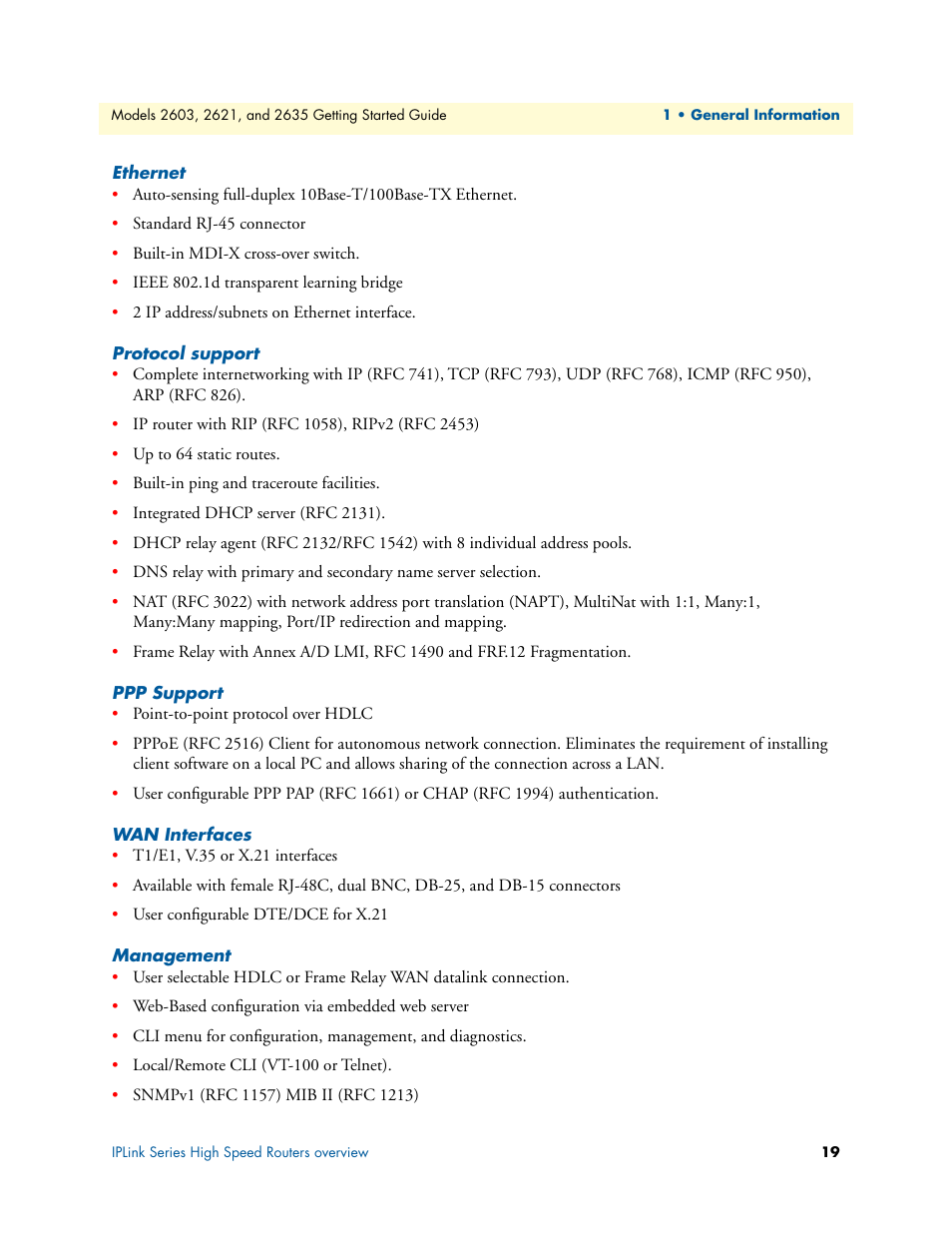 Ethernet, Protocol support, Ppp support | Wan interfaces, Management, T, see section, Anagement, see section | Patton electronic PATTON 2603 User Manual | Page 19 / 133