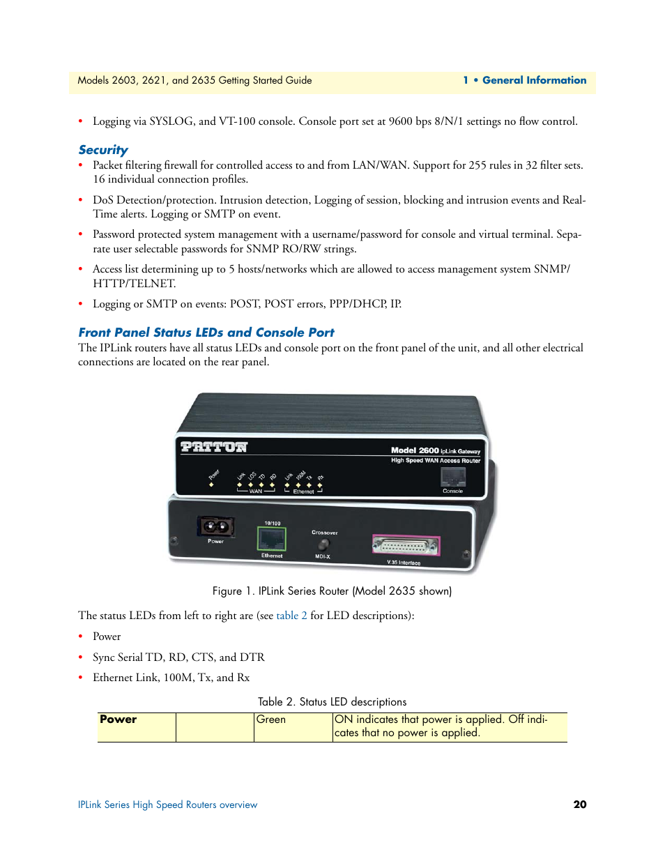 Security, Front panel status leds and console port, Security front panel status leds and console port | Iplink series router (model 2635 shown), Status led descriptions, Ont panel status led see section | Patton electronic PATTON 2603 User Manual | Page 20 / 133