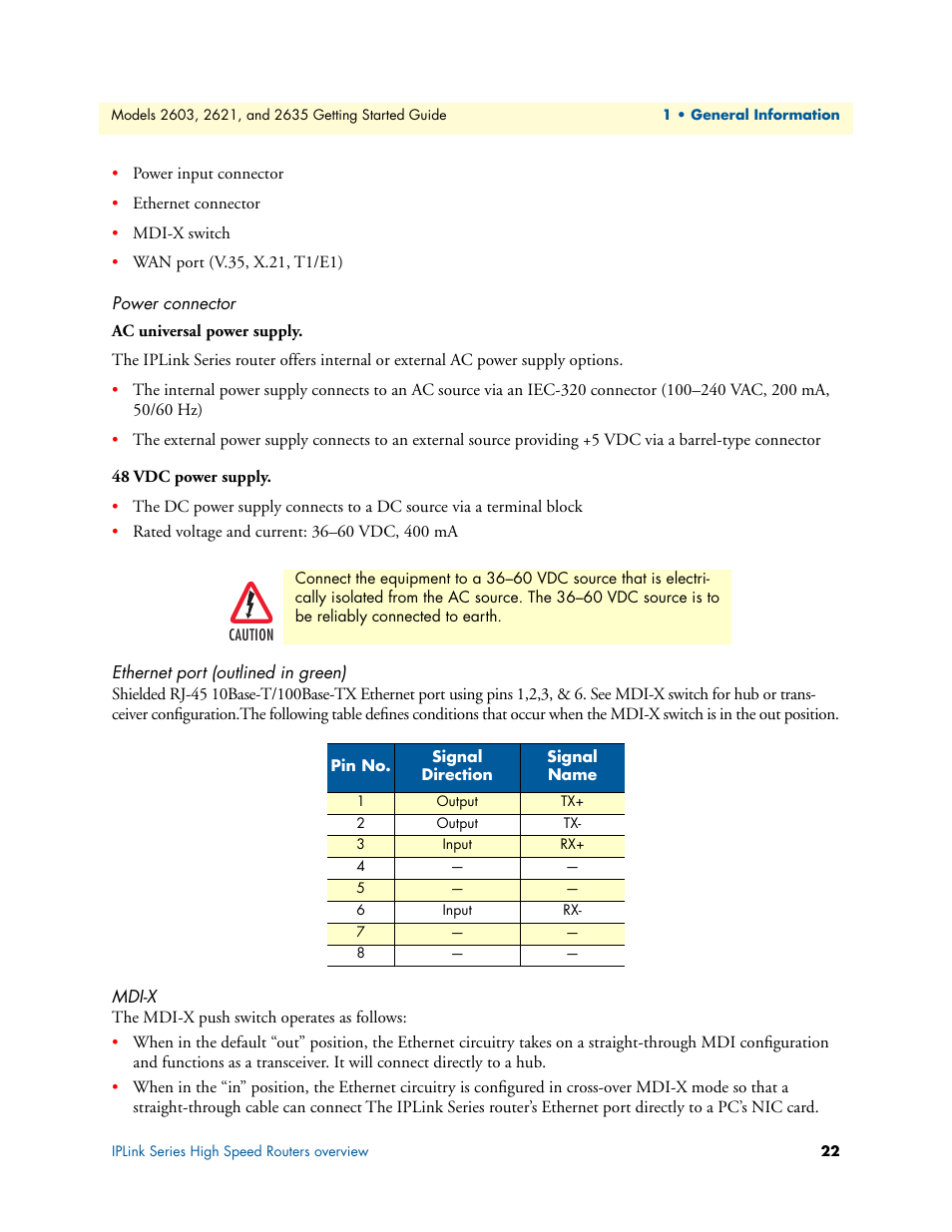Power connector, Ethernet port (outlined in green), Mdi-x | Ac universal power supply 48 vdc power supply, Ethernet port (outlined in green) mdi-x, Ac universal power supply, 48 vdc power supply | Patton electronic PATTON 2603 User Manual | Page 22 / 133