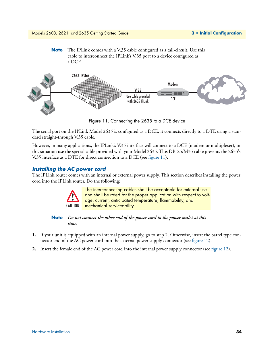 Installing the ac power cord, Connecting the 2635 to a dce device, Figure 11 | Patton electronic PATTON 2603 User Manual | Page 34 / 133