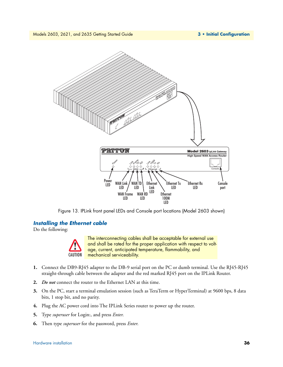Installing the ethernet cable, Figure 13, Caution | Patton electronic PATTON 2603 User Manual | Page 36 / 133