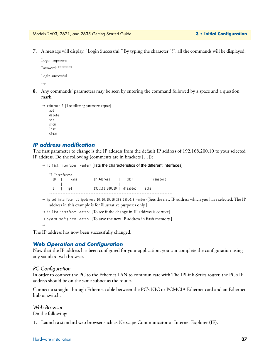 Ip address modification, Web operation and configuration, Pc configuration | Web browser, Pc configuration web browser, Y default setting (see section, Web operation and configura, Tion | Patton electronic PATTON 2603 User Manual | Page 37 / 133
