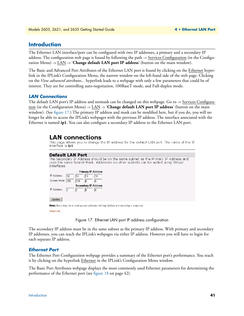 Introduction, Lan connections, Ethernet port | Lan connections ethernet port, Ethernet lan port ip address configuration | Patton electronic PATTON 2603 User Manual | Page 41 / 133