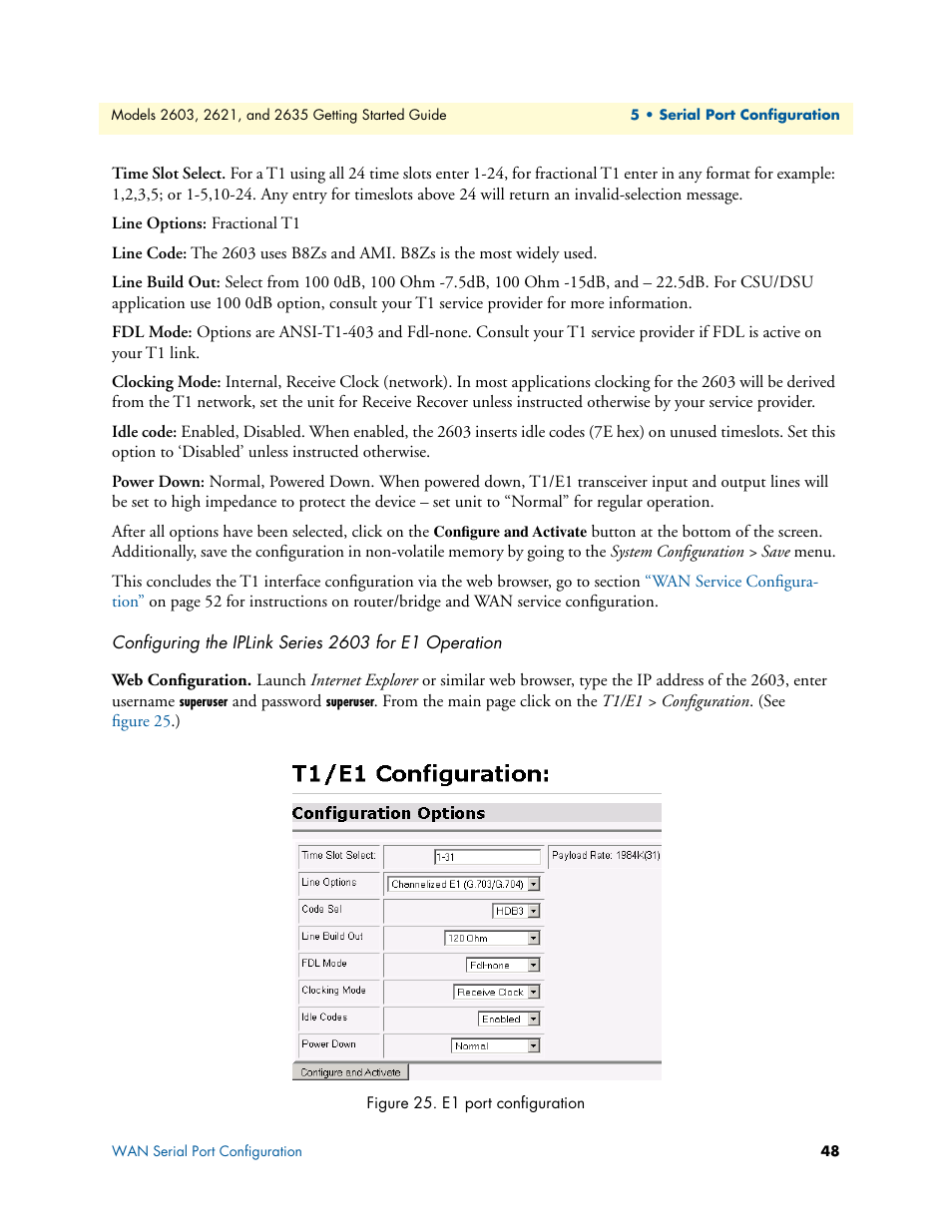 Web configuration, E1 port configuration | Patton electronic PATTON 2603 User Manual | Page 48 / 133