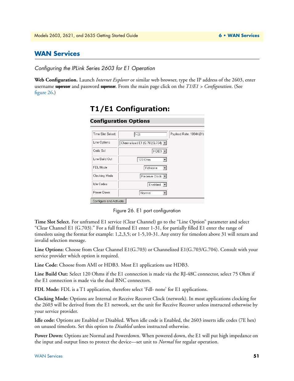 Wan services, Web configuration, E1 port configuration | Patton electronic PATTON 2603 User Manual | Page 51 / 133