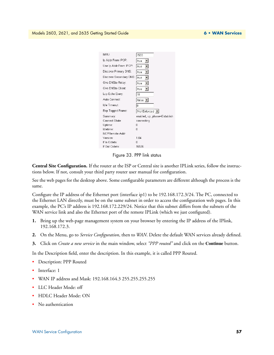 Central site configuration, Ppp link status | Patton electronic PATTON 2603 User Manual | Page 57 / 133