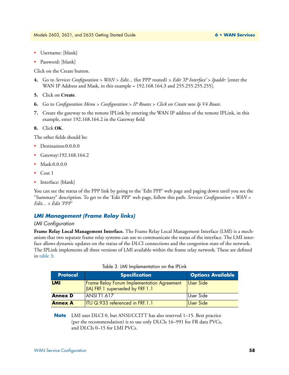 Lmi management (frame relay links), Lmi configuration, Frame relay local management interface | Lmi implementation on the iplink | Patton electronic PATTON 2603 User Manual | Page 58 / 133