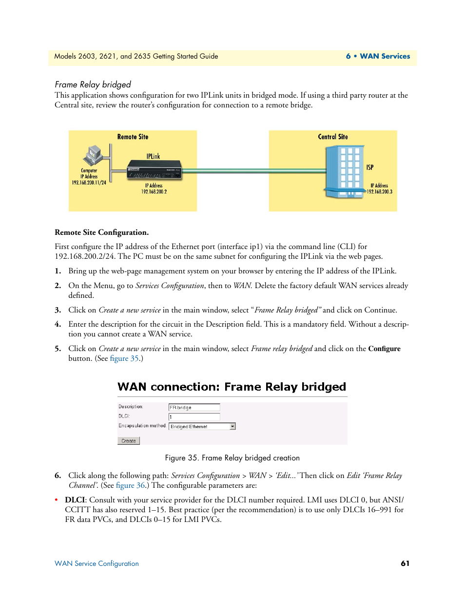 Frame relay bridged, Remote site configuration, Frame relay bridged creation | Patton electronic PATTON 2603 User Manual | Page 61 / 133