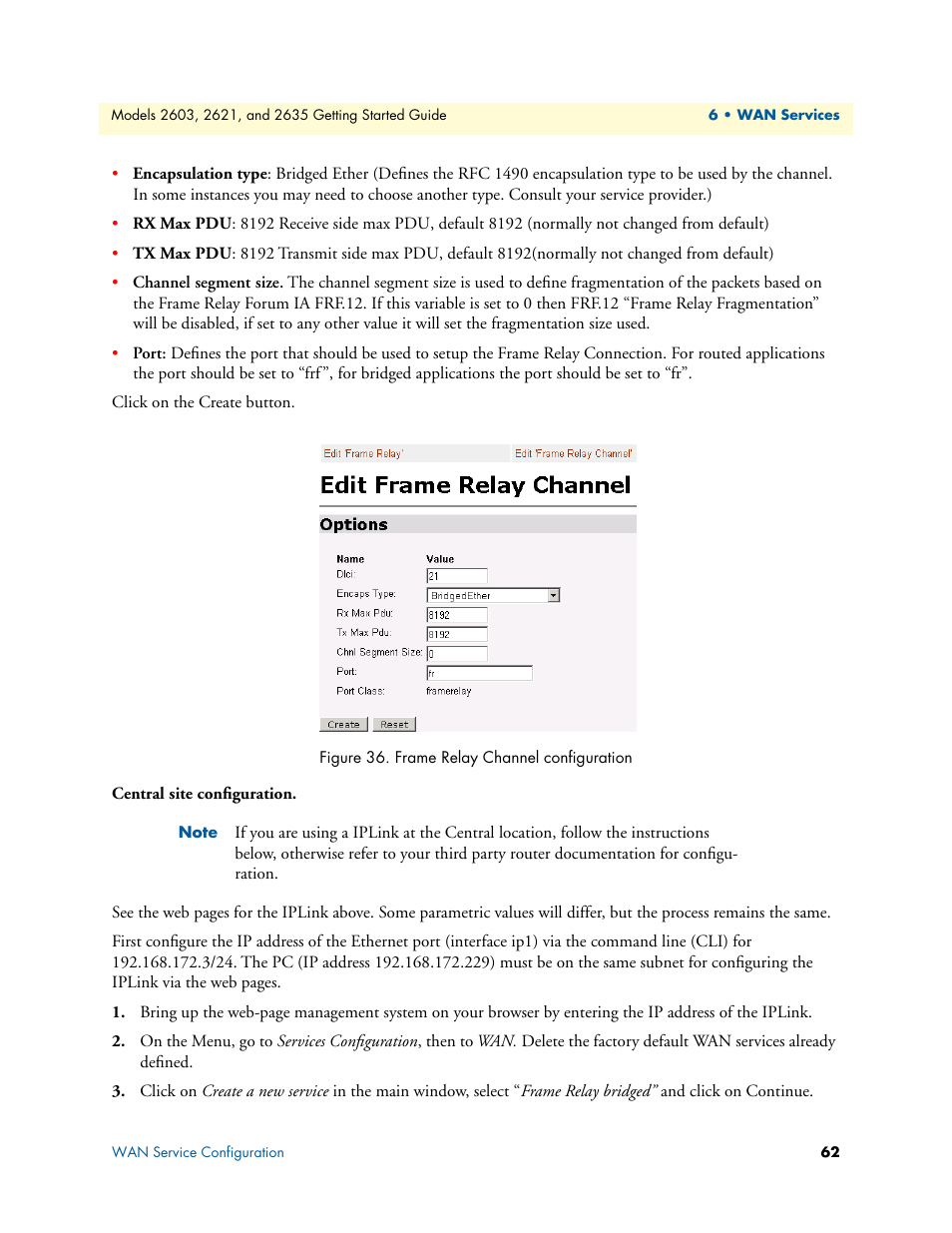 Central site configuration, Frame relay channel configuration, Figure 36 | Patton electronic PATTON 2603 User Manual | Page 62 / 133