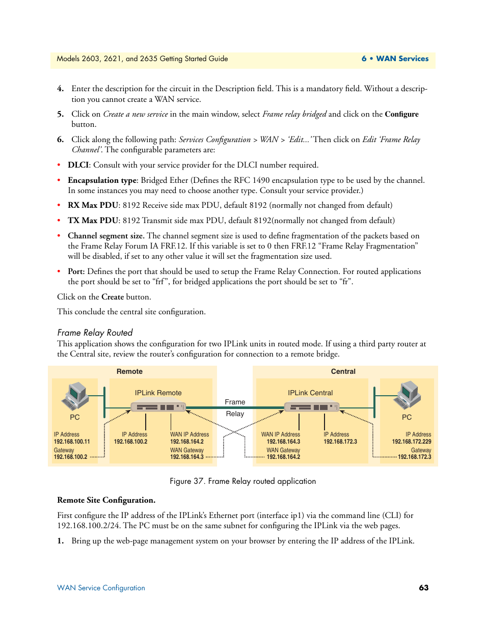 Frame relay routed, Remote site configuration, Frame relay routed application | Patton electronic PATTON 2603 User Manual | Page 63 / 133