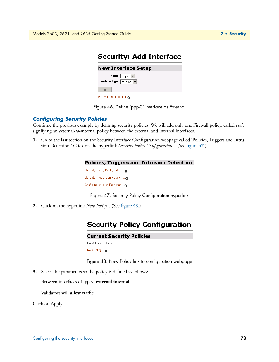 Configuring security policies, Define ‘ppp-0’ interface as external, Security policy configuration hyperlink | Figure 46 | Patton electronic PATTON 2603 User Manual | Page 73 / 133