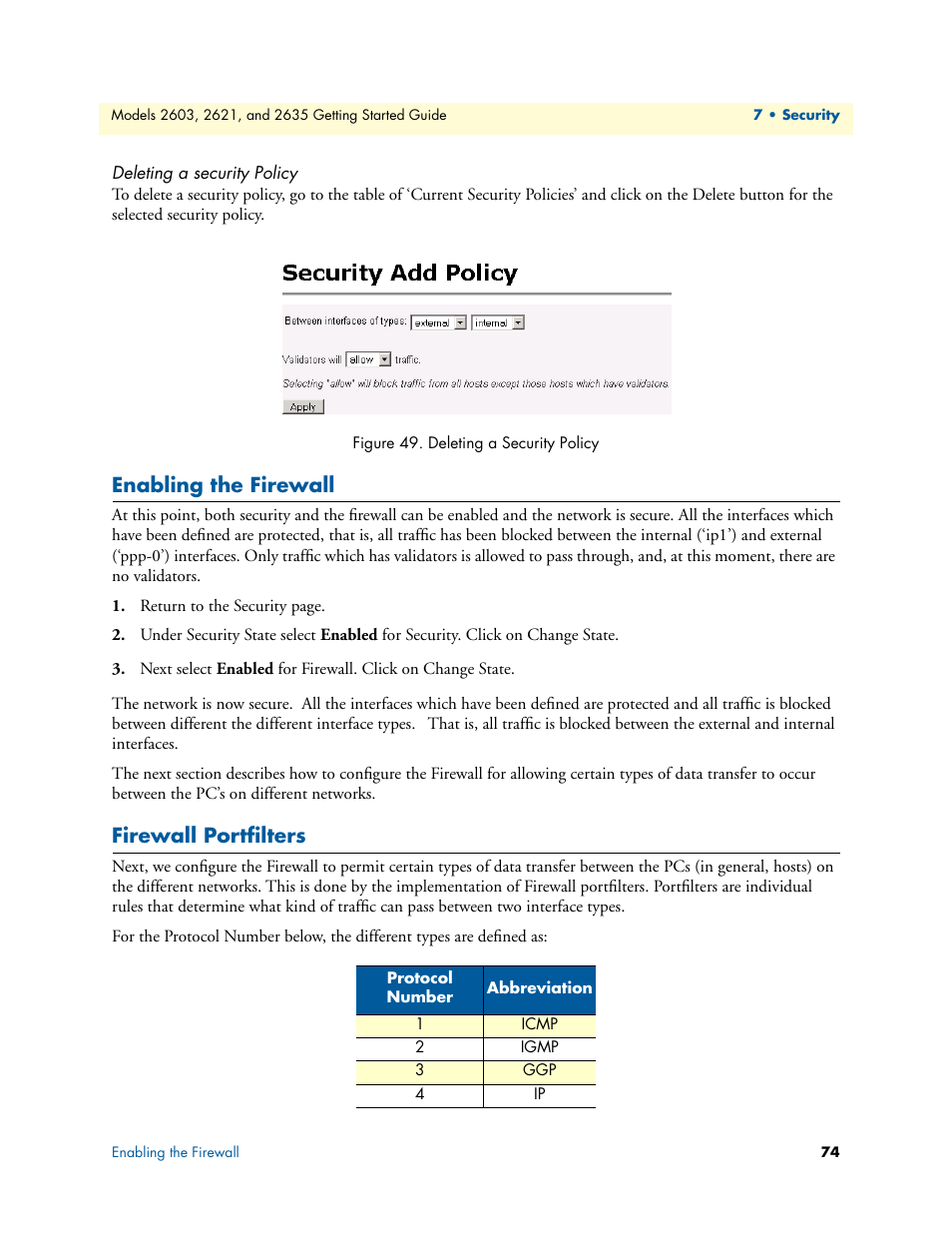 Deleting a security policy, Enabling the firewall, Firewall portfilters | Enabling the firewall firewall portfilters | Patton electronic PATTON 2603 User Manual | Page 74 / 133
