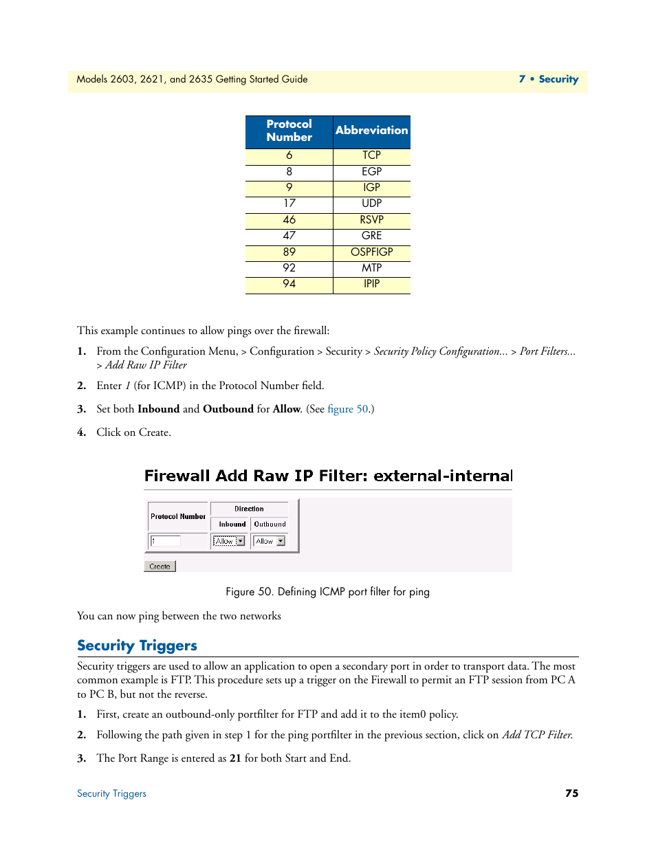 Security triggers, Defining icmp port filter for ping | Patton electronic PATTON 2603 User Manual | Page 75 / 133
