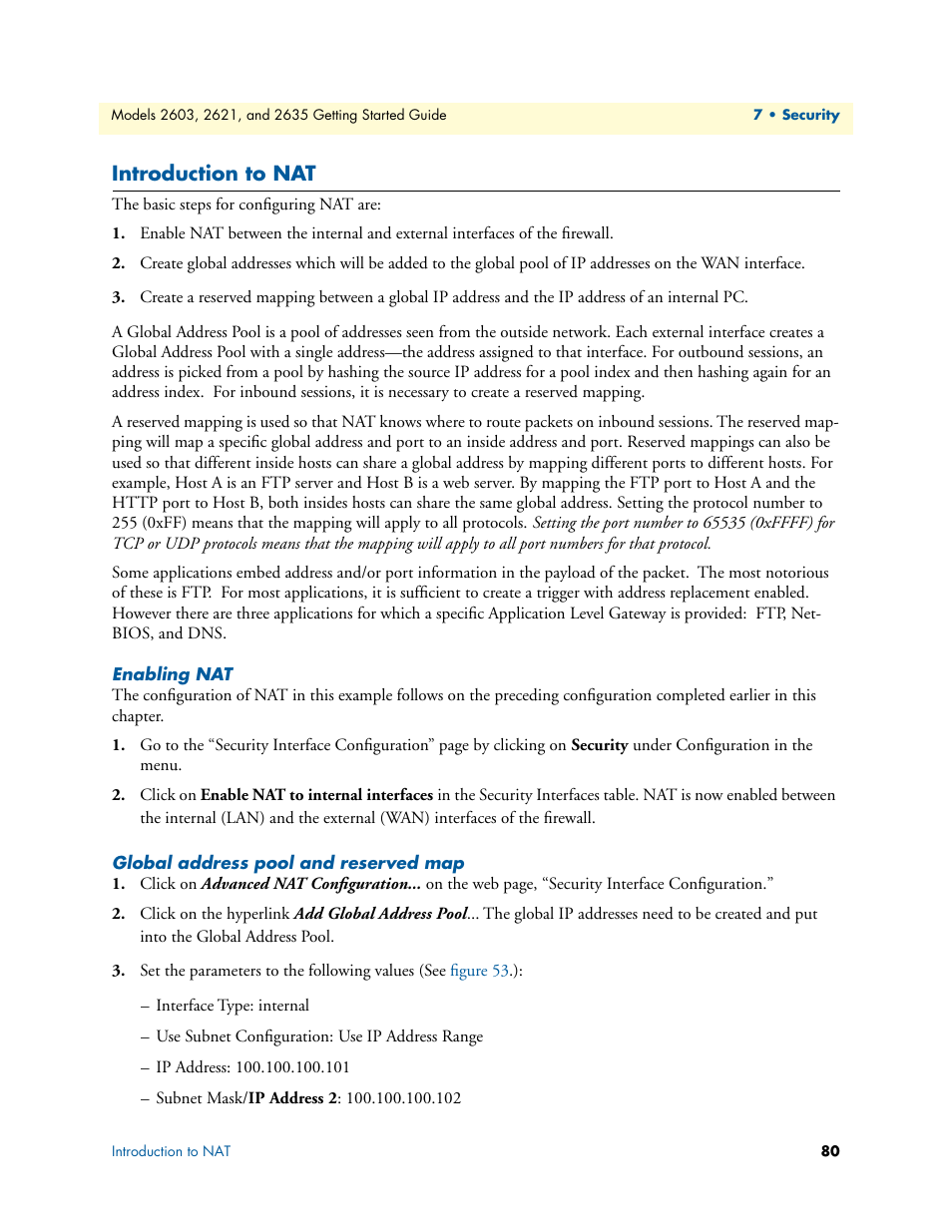 Introduction to nat, Enabling nat, Global address pool and reserved map | Enabling nat global address pool and reserved map | Patton electronic PATTON 2603 User Manual | Page 80 / 133