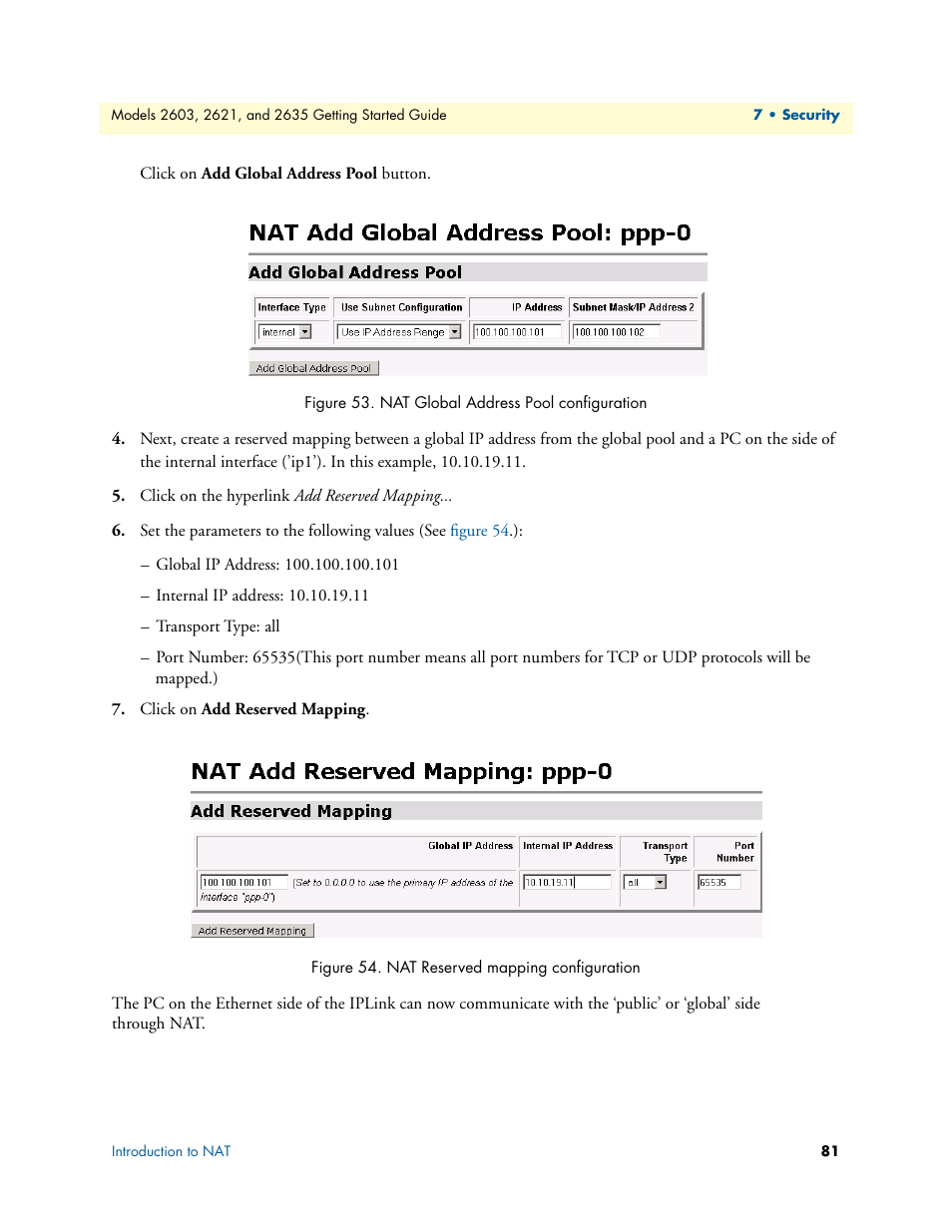 Nat global address pool configuration, Nat reserved mapping configuration | Patton electronic PATTON 2603 User Manual | Page 81 / 133