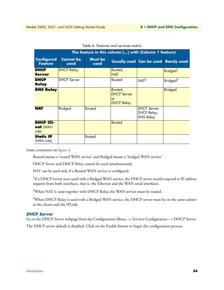 Dhcp server, Features and services matrix | Patton electronic PATTON 2603 User Manual | Page 84 / 133