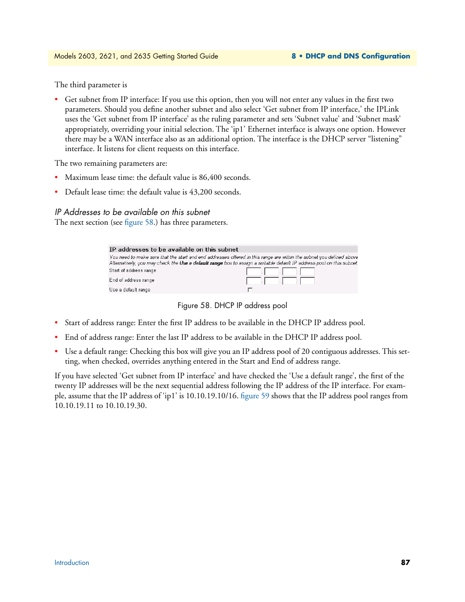 Ip addresses to be available on this subnet, Dhcp ip address pool | Patton electronic PATTON 2603 User Manual | Page 87 / 133