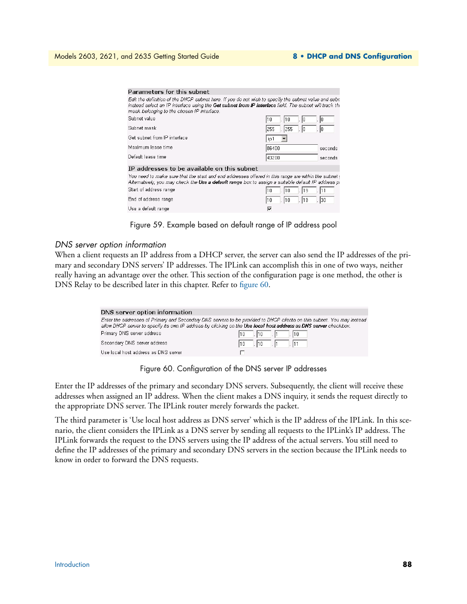 Dns server option information, Example based on default range of ip address pool, Configuration of the dns server ip addresses | Figure 59 | Patton electronic PATTON 2603 User Manual | Page 88 / 133