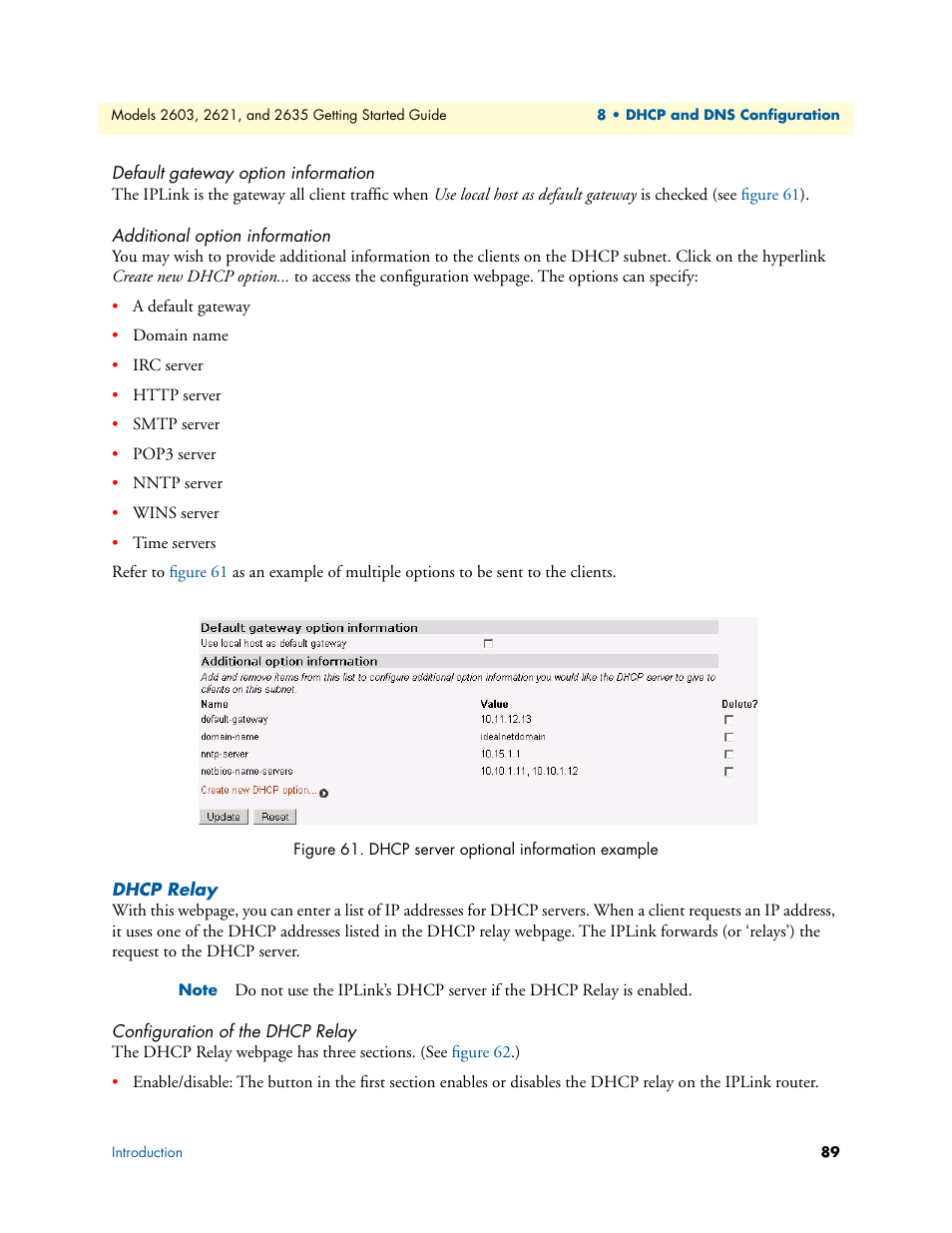 Default gateway option information, Additional option information, Dhcp relay | Configuration of the dhcp relay, Dhcp server optional information example | Patton electronic PATTON 2603 User Manual | Page 89 / 133