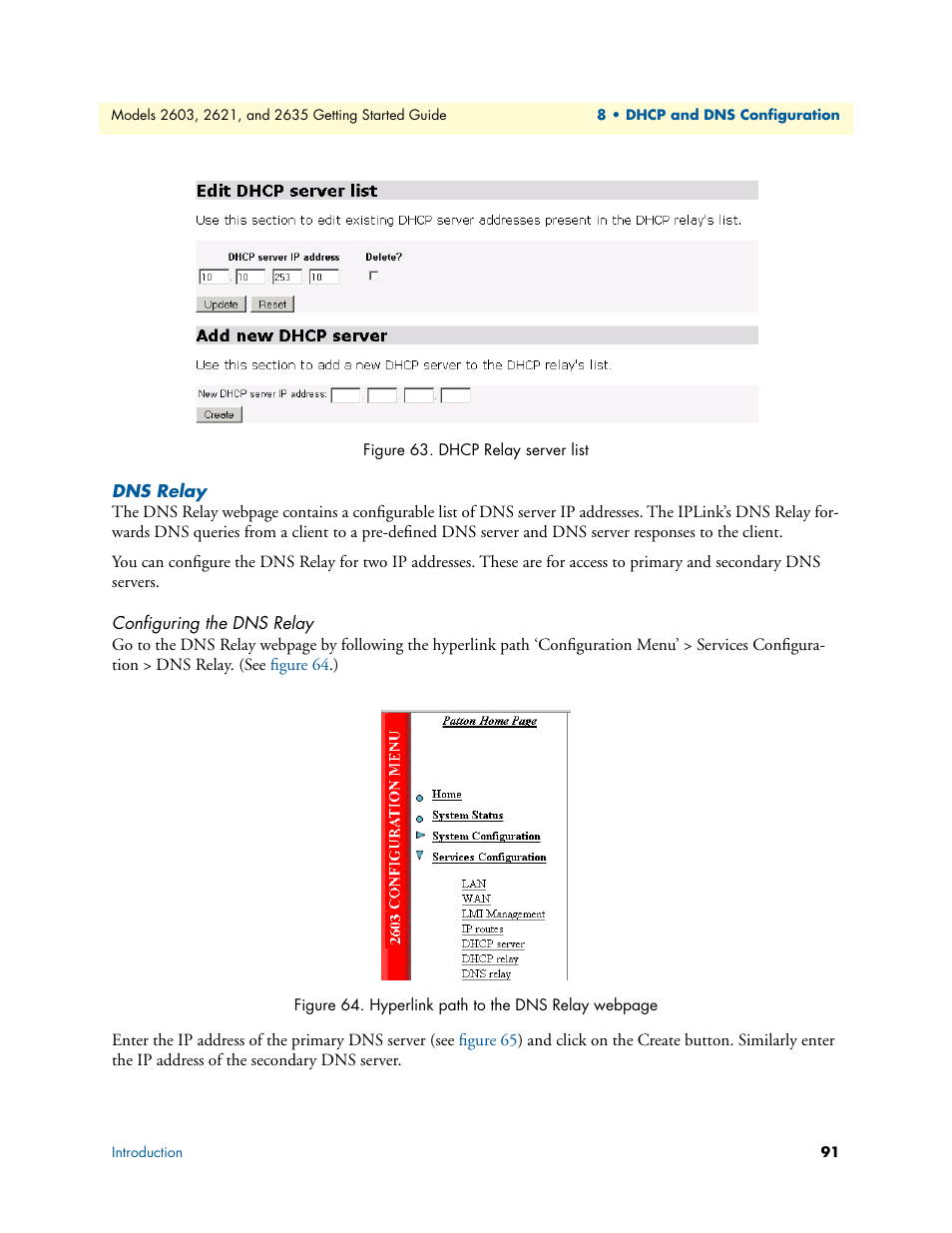 Dns relay, Configuring the dns relay, Dhcp relay server list | Figure 63 | Patton electronic PATTON 2603 User Manual | Page 91 / 133