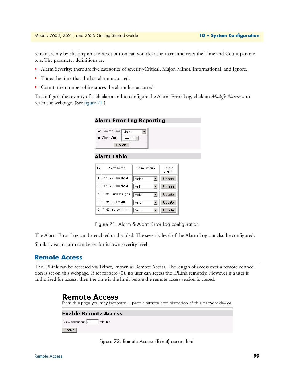 Remote access, Alarm & alarm error log configuration, Remote access (telnet) access limit | Patton electronic PATTON 2603 User Manual | Page 99 / 133