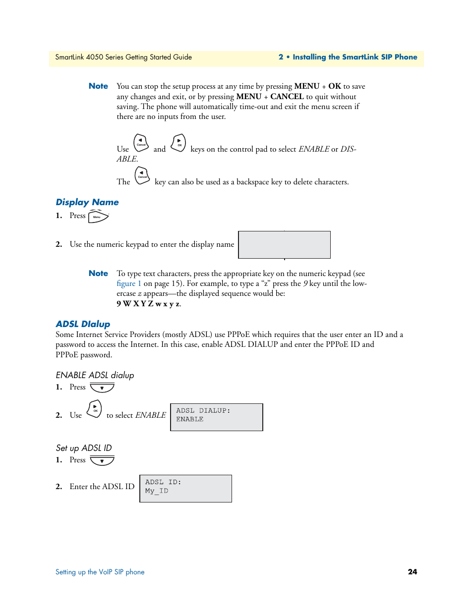 Display name, Adsl dialup, Enable adsl dialup | Set up adsl id | Patton electronic SL4050/B2/E User Manual | Page 24 / 79