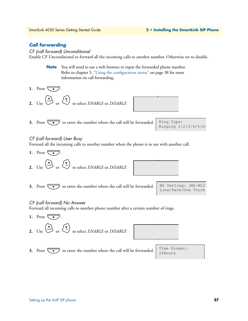 Call forwarding, Cf (call forward) unconditional, Cf (call forward) user busy | Cf (call forward) no answer | Patton electronic SL4050/B2/E User Manual | Page 27 / 79