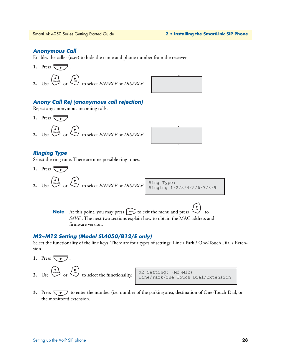 Anonymous call, Anony call rej (anonymous call rejection), Ringing type | M2~m12 setting (model sl4050/b12/e only) | Patton electronic SL4050/B2/E User Manual | Page 28 / 79
