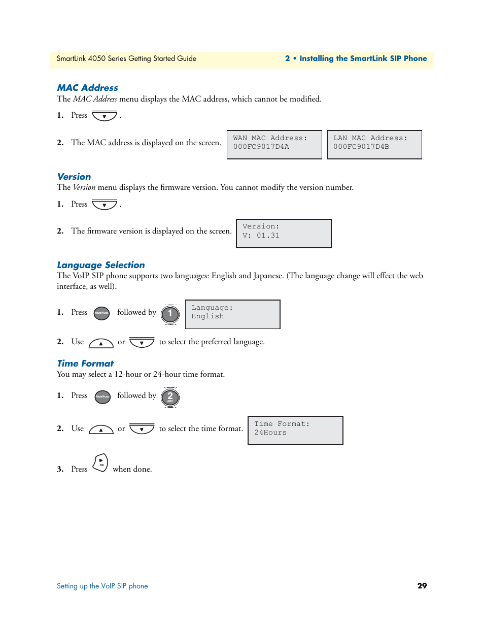 Mac address, Version, Language selection | Time format | Patton electronic SL4050/B2/E User Manual | Page 29 / 79