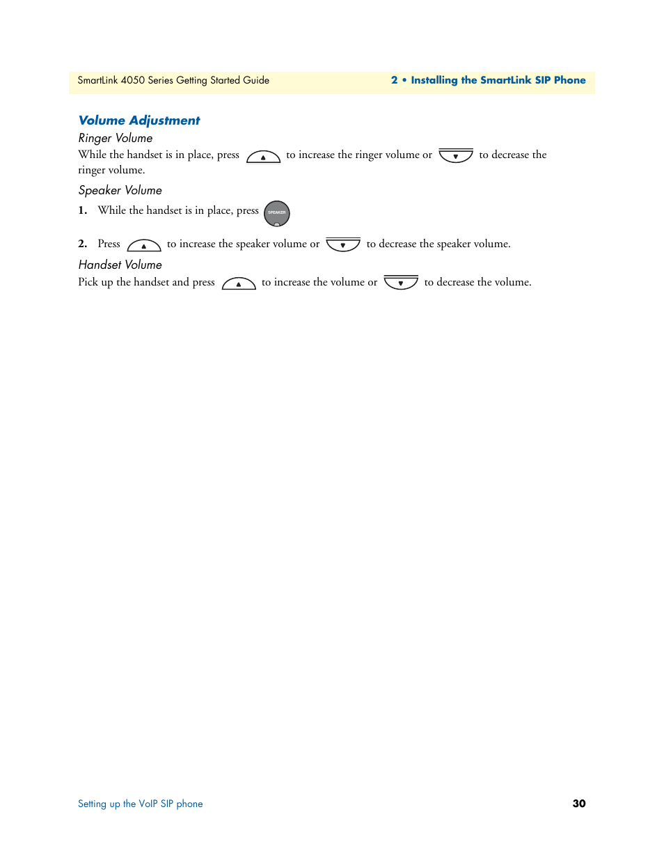 Volume adjustment, Ringer volume, Speaker volume | Handset volume | Patton electronic SL4050/B2/E User Manual | Page 30 / 79
