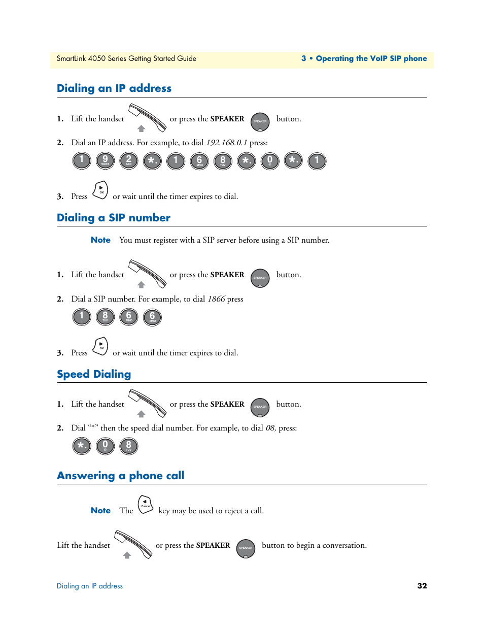 Dialing an ip address, Dialing a sip number, Speed dialing | Answering a phone call | Patton electronic SL4050/B2/E User Manual | Page 32 / 79