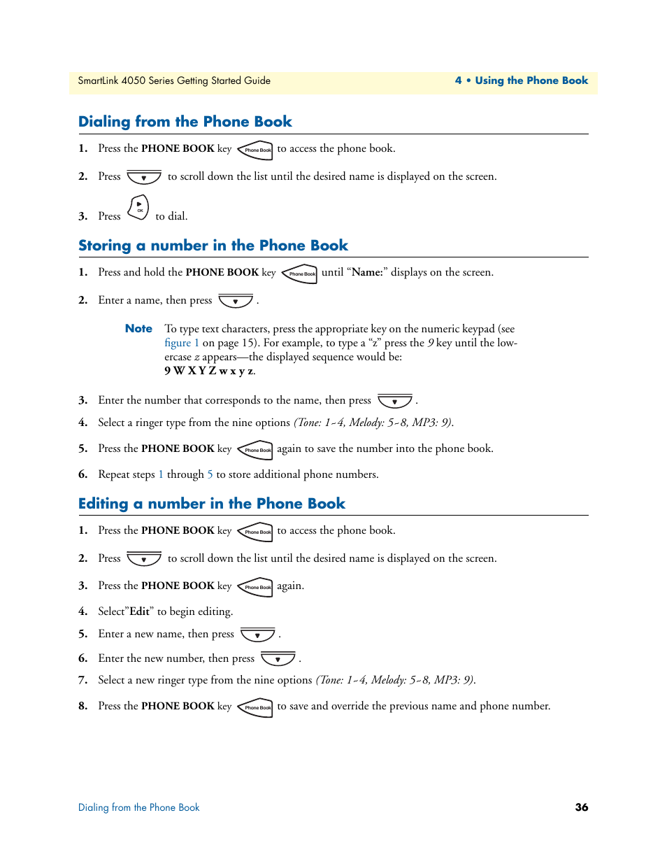 Dialing from the phone book, Storing a number in the phone book, Editing a number in the phone book | Patton electronic SL4050/B2/E User Manual | Page 36 / 79