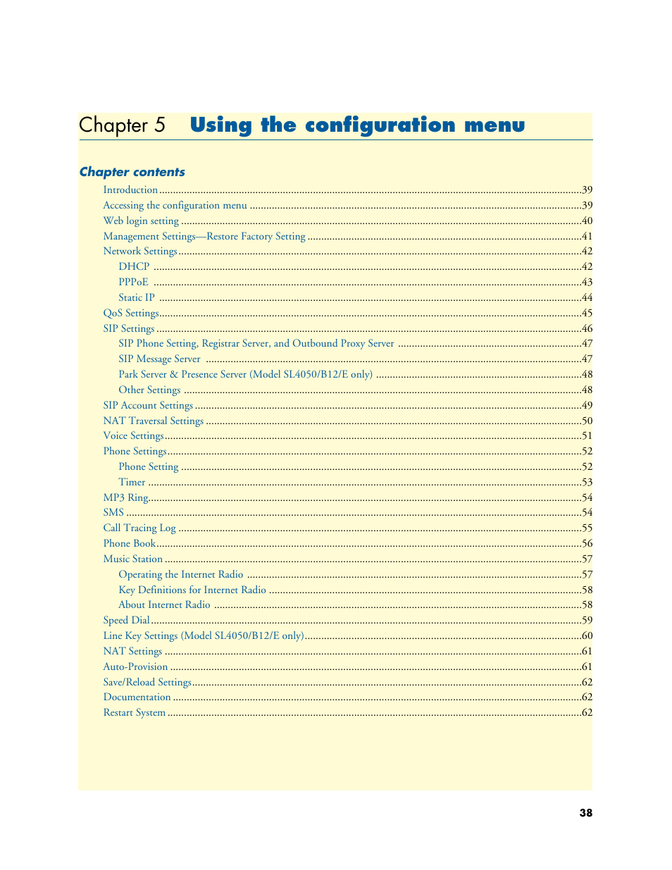 Chapter 5 using the configuration menu, Using the configuration menu, Chapter 5 | Patton electronic SL4050/B2/E User Manual | Page 38 / 79