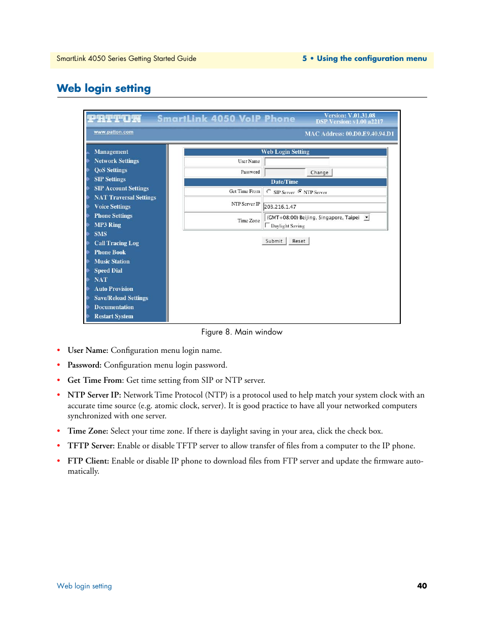 Web login setting, Main window | Patton electronic SL4050/B2/E User Manual | Page 40 / 79
