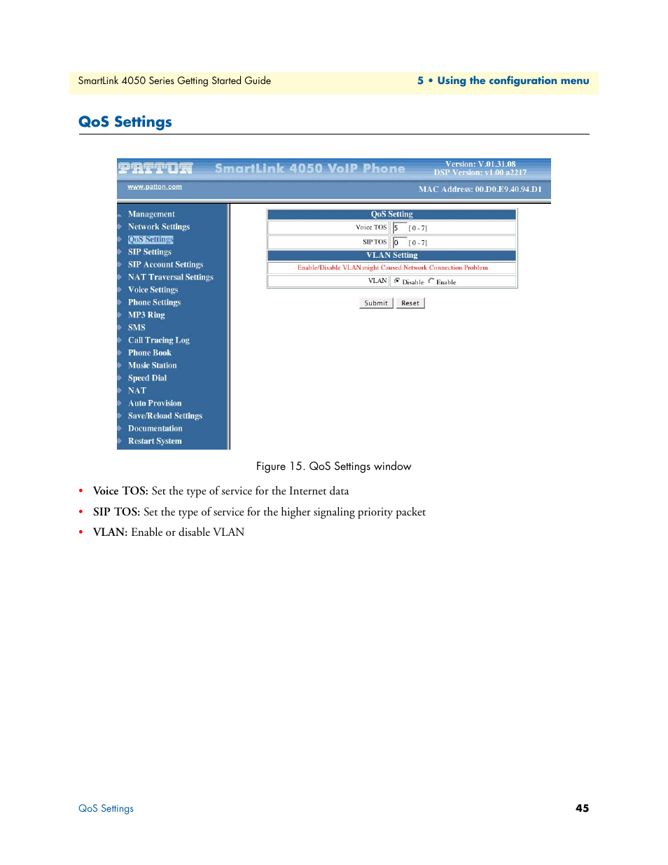 Qos settings, Qos settings window | Patton electronic SL4050/B2/E User Manual | Page 45 / 79