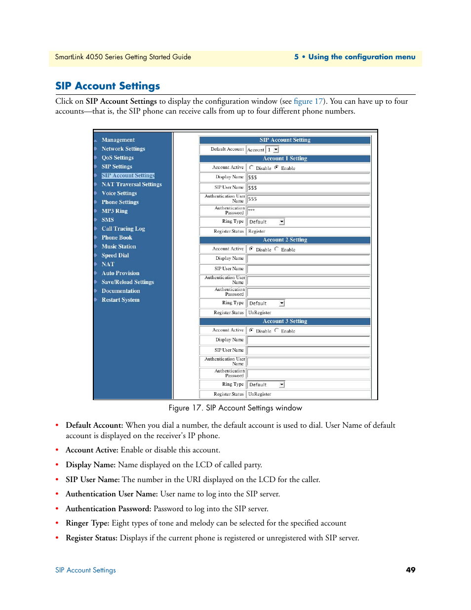 Sip account settings, Sip account settings window | Patton electronic SL4050/B2/E User Manual | Page 49 / 79
