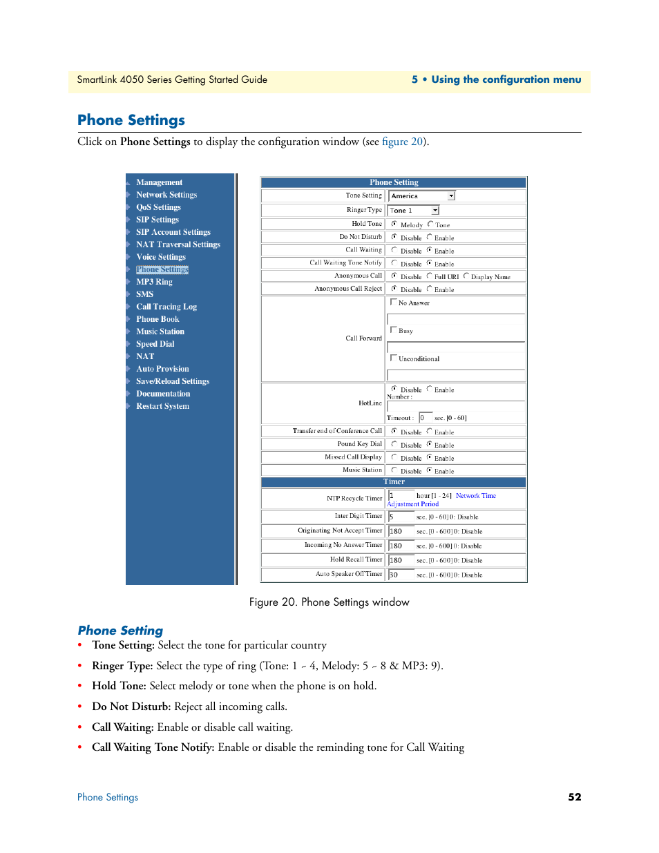Phone settings, Phone setting, Phone settings window | Patton electronic SL4050/B2/E User Manual | Page 52 / 79