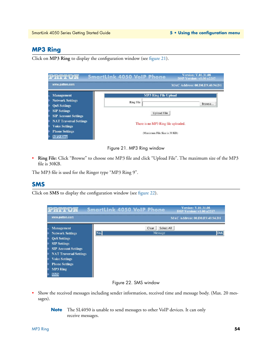 Mp3 ring, Mp3 ring window, Sms window | Patton electronic SL4050/B2/E User Manual | Page 54 / 79