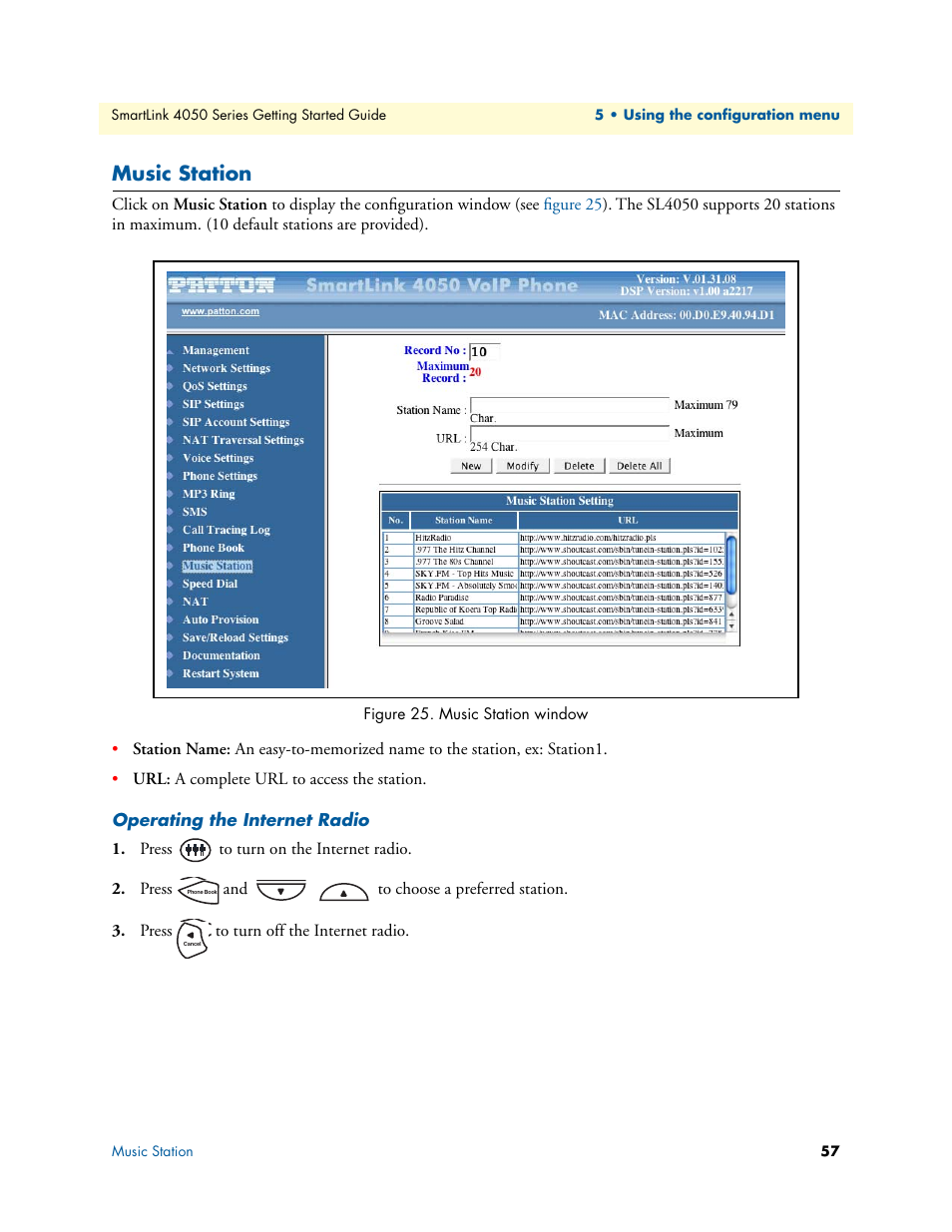 Music station, Operating the internet radio, Music station window | Patton electronic SL4050/B2/E User Manual | Page 57 / 79