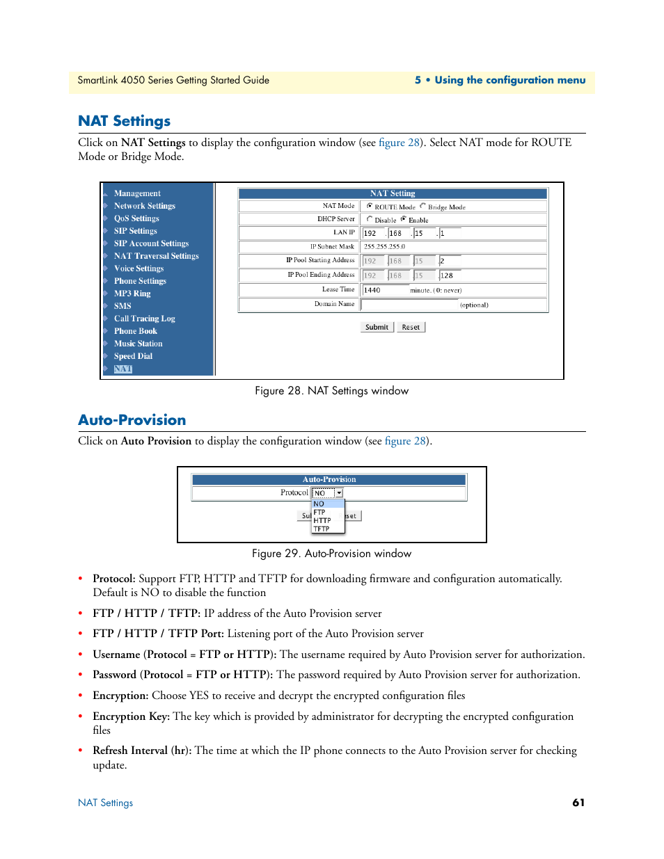 Nat settings, Auto-provision, Nat settings window | Auto-provision window | Patton electronic SL4050/B2/E User Manual | Page 61 / 79