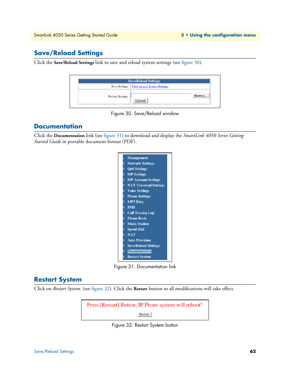 Save/reload settings, Documentation, Restart system | Save/reload window, Documentation link, Restart system button | Patton electronic SL4050/B2/E User Manual | Page 62 / 79