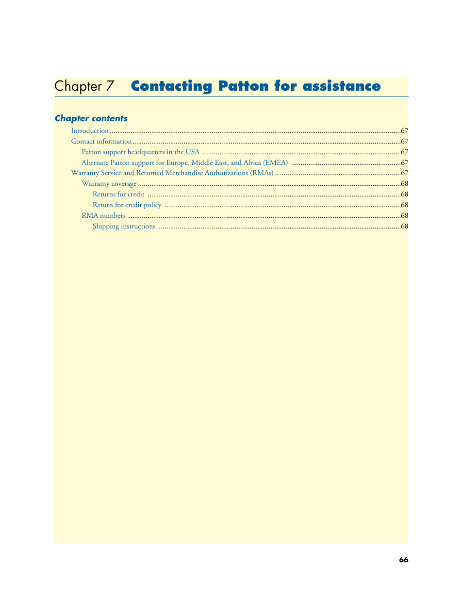Chapter 7 contacting patton for assistance, Contacting patton for assistance, Chapter 7 | Patton electronic SL4050/B2/E User Manual | Page 66 / 79