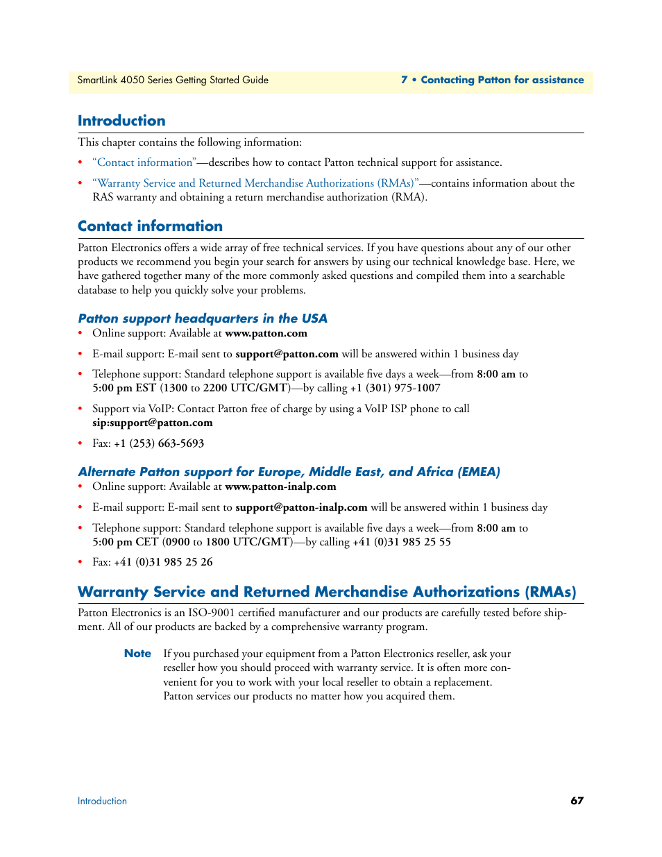 Introduction, Contact information, Patton support headquarters in the usa | Patton electronic SL4050/B2/E User Manual | Page 67 / 79
