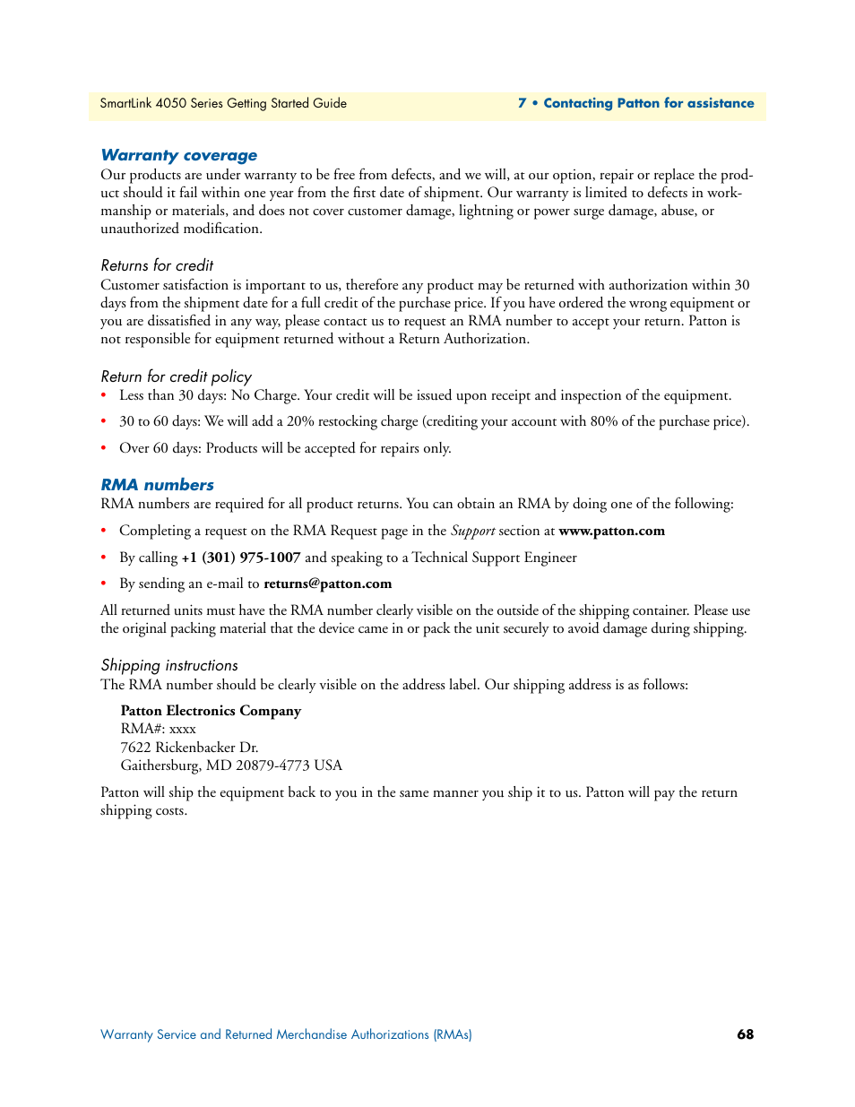 Warranty coverage, Returns for credit, Return for credit policy | Rma numbers, Shipping instructions | Patton electronic SL4050/B2/E User Manual | Page 68 / 79