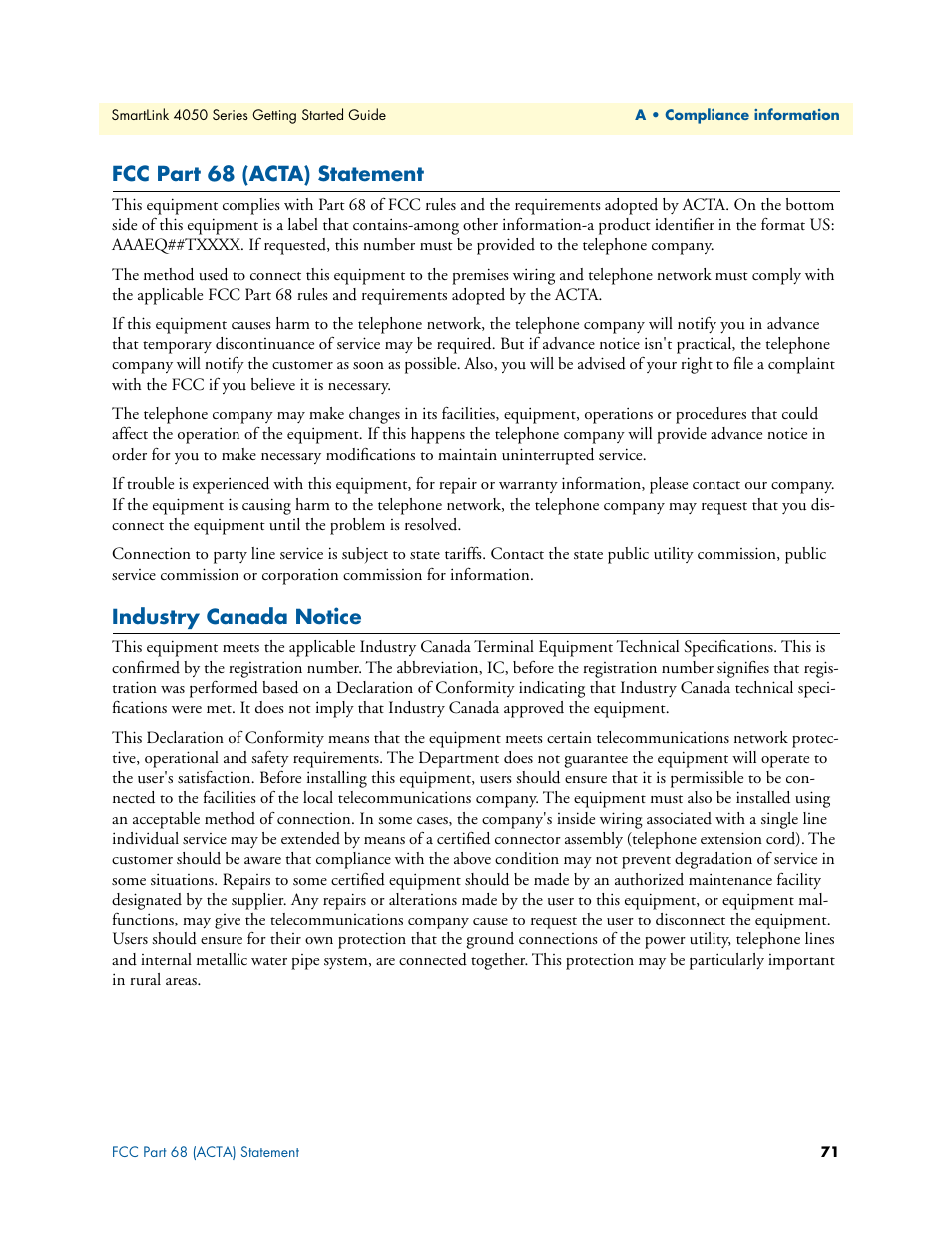 Fcc part 68 (acta) statement, Industry canada notice | Patton electronic SL4050/B2/E User Manual | Page 71 / 79