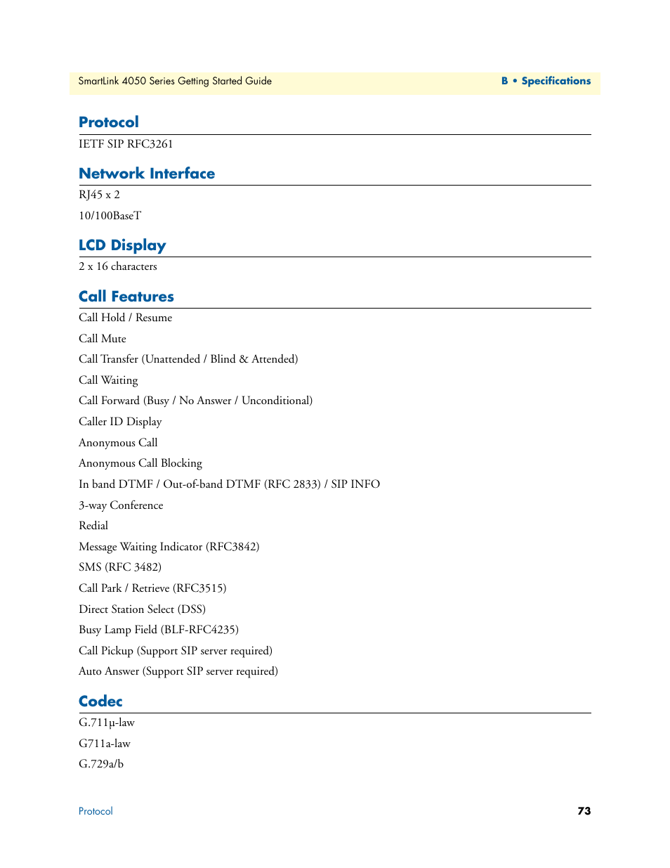 Protocol, Network interface, Lcd display | Call features, Codec | Patton electronic SL4050/B2/E User Manual | Page 73 / 79
