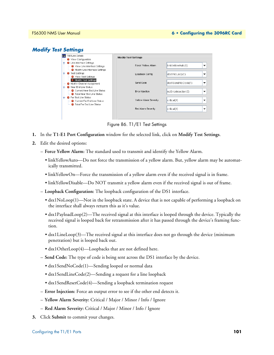 Modify test settings, T1/e1 test settings | Patton electronic FORESIGHT 6300 User Manual | Page 101 / 145